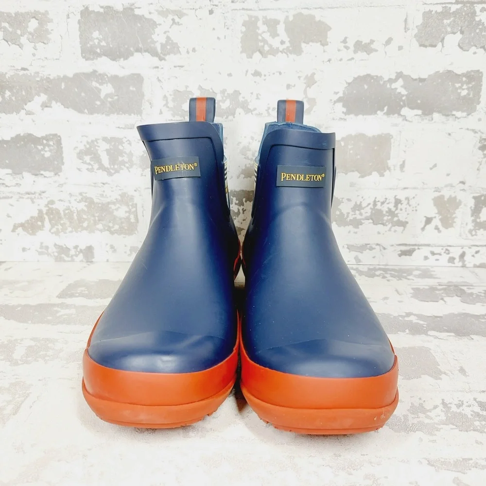 Pendleton Blue Rubber Chelsea Rain Boots with Contrast Orange Soles D520 - Picture 3 of 11